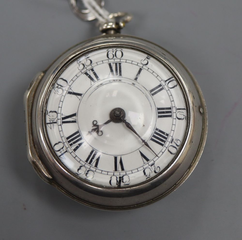 A late George II silver pair cased keywind verge pocket watch by B. Glover, London, (outer case no hallmarks), with Roman and Arabic